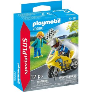 Playmobil chicos con moto de carreras