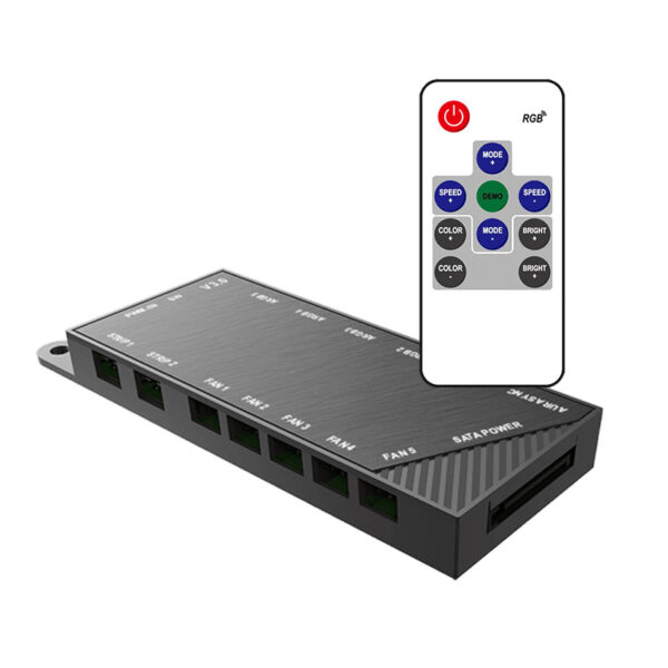 Controladora rgb para ventilador gaming phoenix - hasta 5 ventiladores - hasta 2 tiras led - control remoto - negro